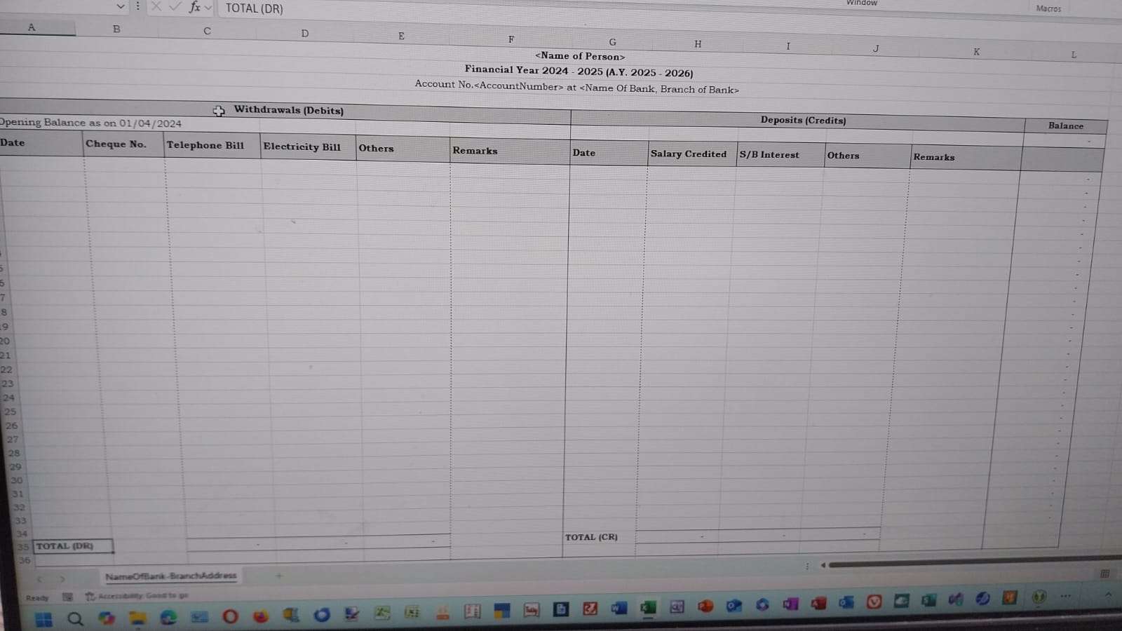 Excel Worksheet - Bank Book with multi-columnar expenses and incomes.